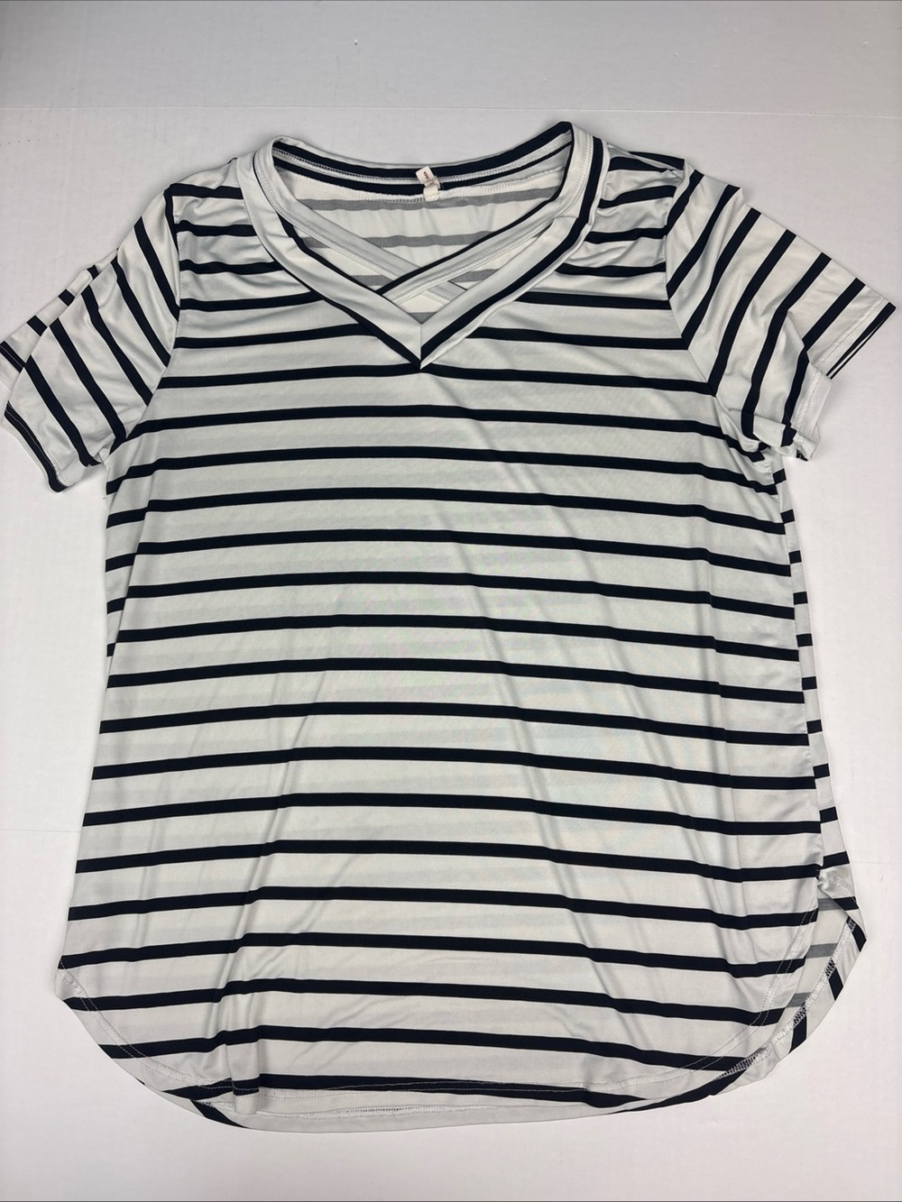 Bellamie Plus Women 1X Shirt Black White Stripes Criss Cross Neck Round Hem